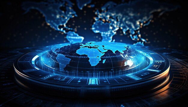 Map of the planet World map Global social network Future Blue futuristic background with planet