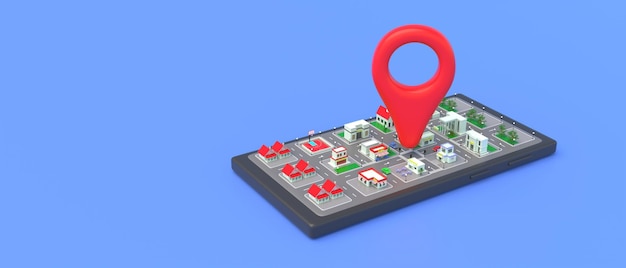 map pointer location red color pin on a mobile phone on blue background copy space 3d illustration
