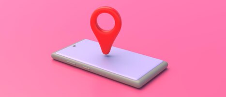 map pointer location red color pin on a mobile phone isolated on pink background 3d illustration