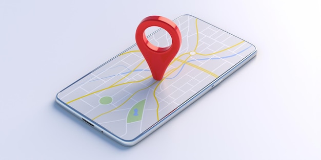 Map pointer location red color pin on a smartphone isolated on white background 3d illustration