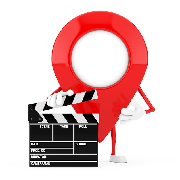 Map Pointer Pin Character Mascot with Movie Clapper Board on a white background. 3d Rendering