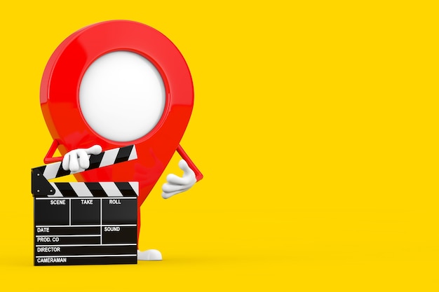 Map Pointer Pin Character Mascot with Movie Clapper Board on a yellow background. 3d Rendering