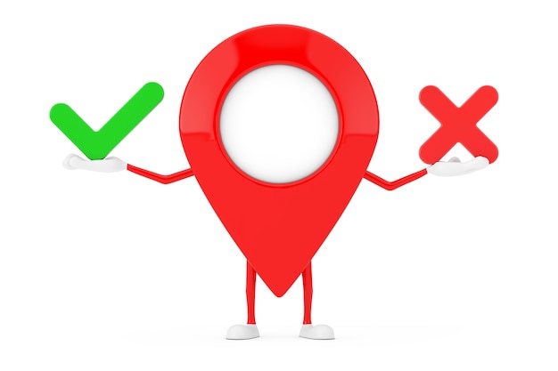 Photo map pointer pin character mascot with red cross and green check mark, confirm or deny, yes or no icon sign on a white background. 3d rendering