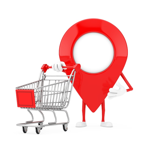 Map Pointer Pin Character Mascot with Shopping Cart Trolley on a white background. 3d Rendering