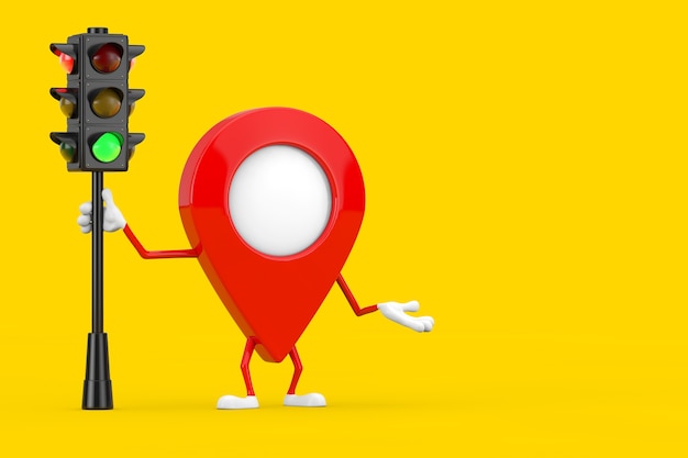 Map pointer pin character mascot with traffic green light on a\
yellow background. 3d rendering