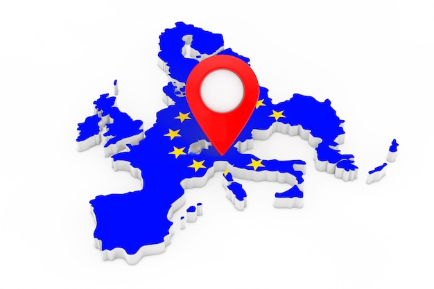 白い背景に欧州連合の旗が付いている地図上の地図ポインターピン。 3Dレンダリング