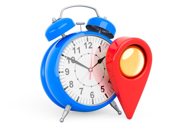 Map pointer with alarm clock 3D rendering