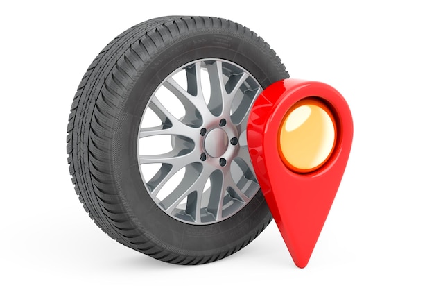 Map pointer with car wheel 3D rendering