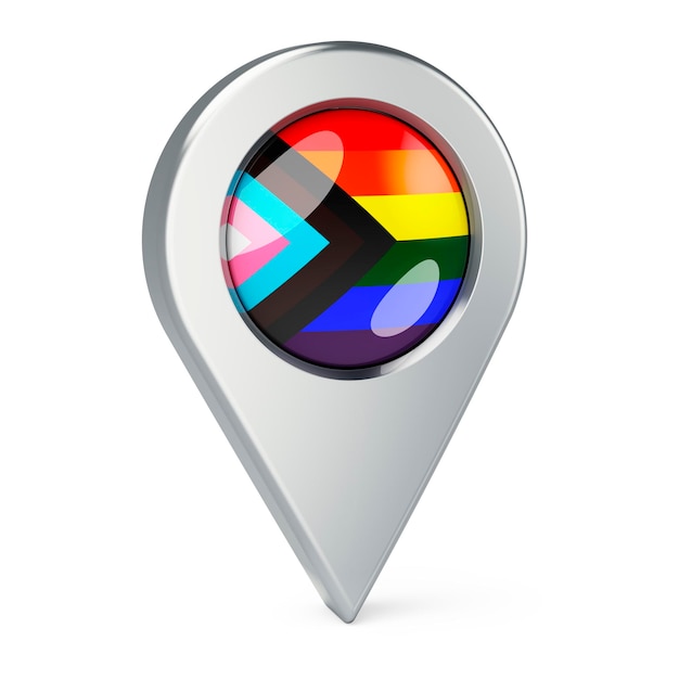 Map pointer with modern LGBTQ flag 3D rendering isolated on white background