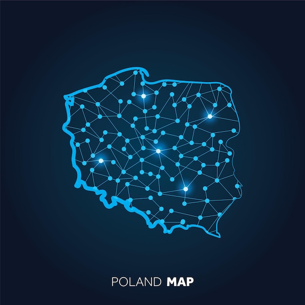 Photo map of poland made with connected lines and glowing dots