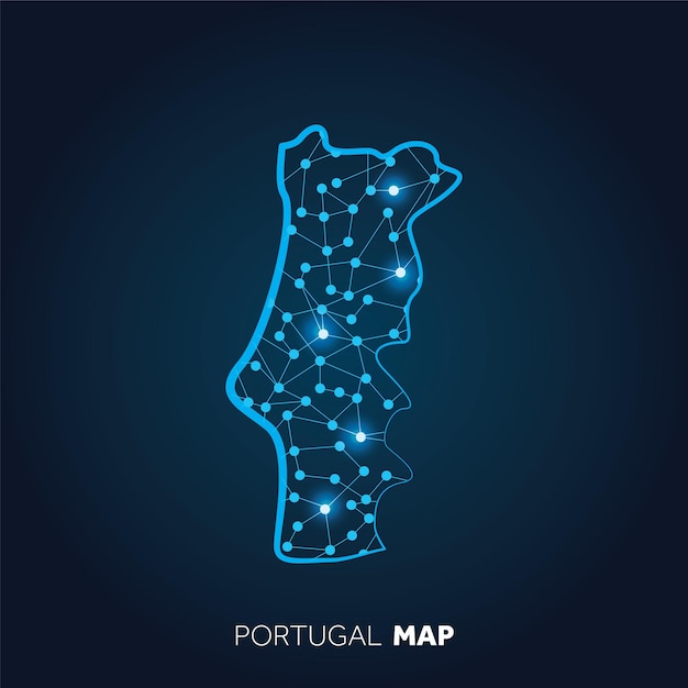 Mappa del portogallo realizzata con linee collegate e punti luminosi