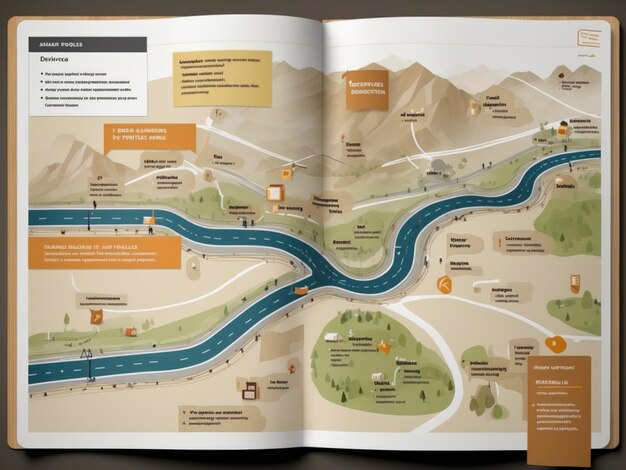 タイトルの付いた本の川と道路の地図