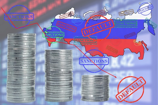 Photo map of russia and stamp sanctions and default political and economic illustration poster