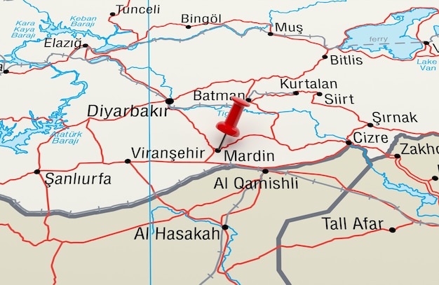 Foto mappa che mostra mardin, turchia con un perno rosso. rendering 3d