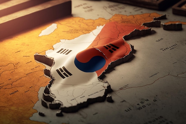 Foto una mappa della corea del sud con sopra la bandiera coreana.
