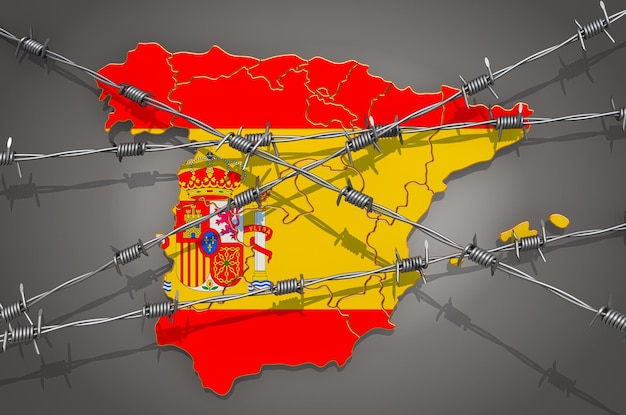 Map of Spain with barbed wire 3D rendering