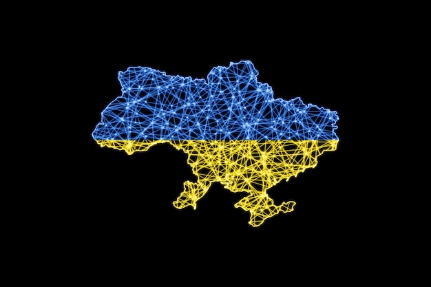 Photo map of ukraine, polygonal mesh line map, flag map
