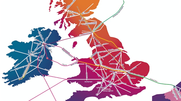 Foto una mappa del regno unito mostra le principali città e i loro collegamenti ferroviari e aerei