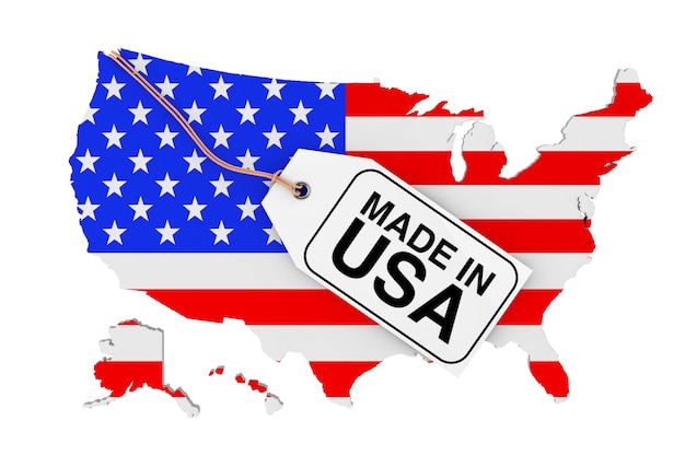 旗と白い背景の上のUSA販売タグで作られた米国の地図。 3Dレンダリング