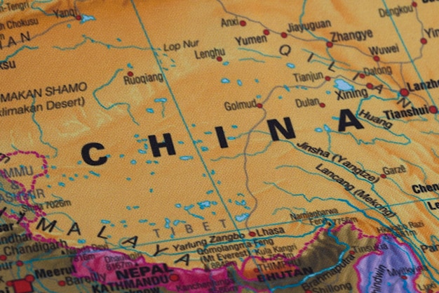 Map view of China on a geographical globe