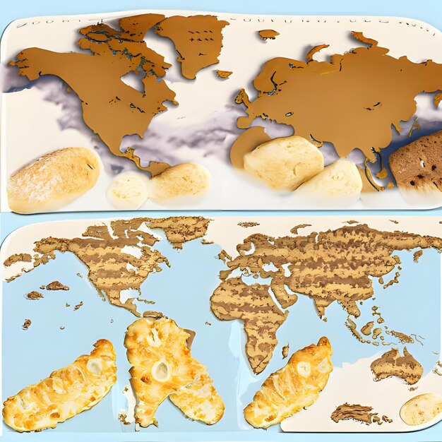 Photo a map with continents of different types of bread and