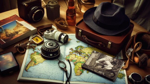 a map with a hat and a camera on it