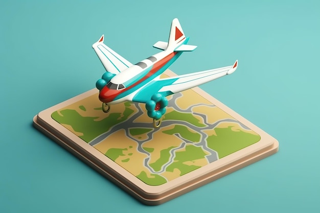 Map with a location destination and airplane 3D render style AI Generated