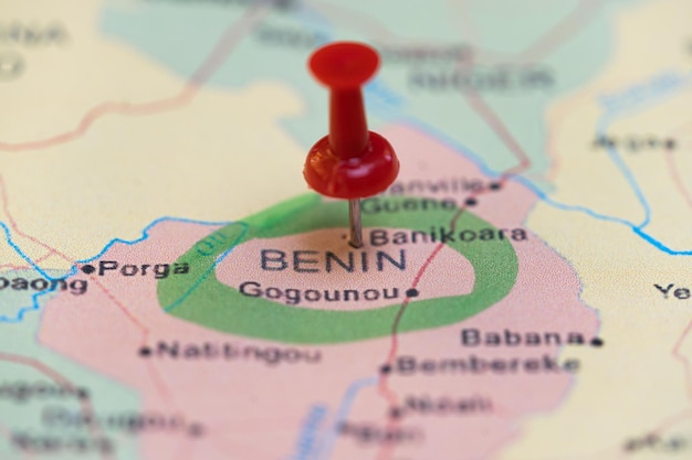 map with a pin in Benin destination places to visit this year