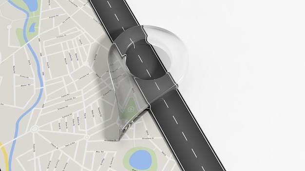 copyspace와 흰색에 고립 된 큰 유리 포인터로 도로에 확대/축소와 지도