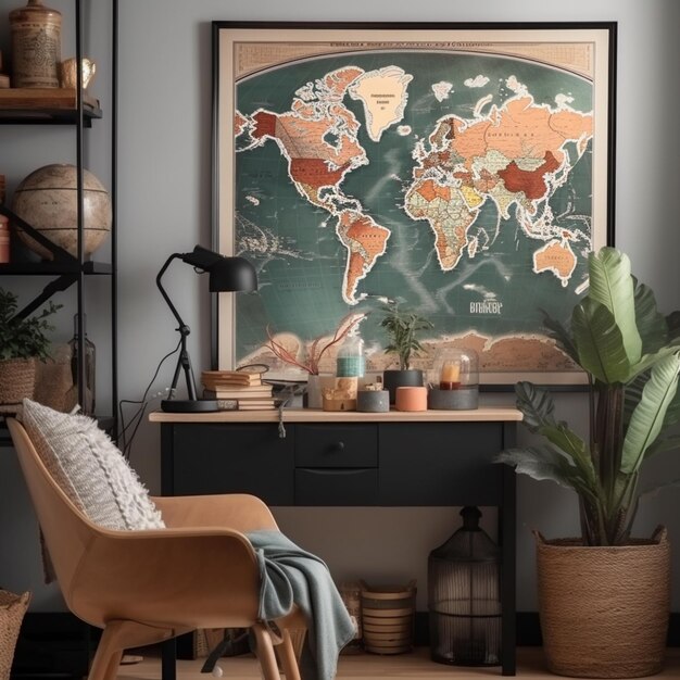 A map of the world hangs on a wall in a living room.