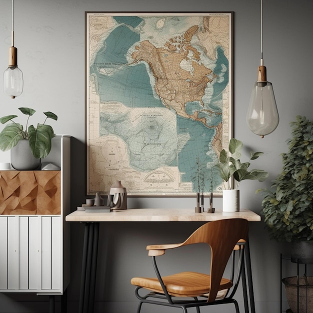 A map of the world is hanging on a wall