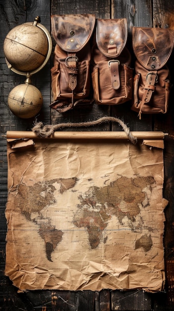A map of the world is laid out on a table with a compass and leather bags