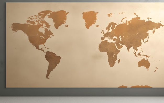 A map of the world is shown in a frame.