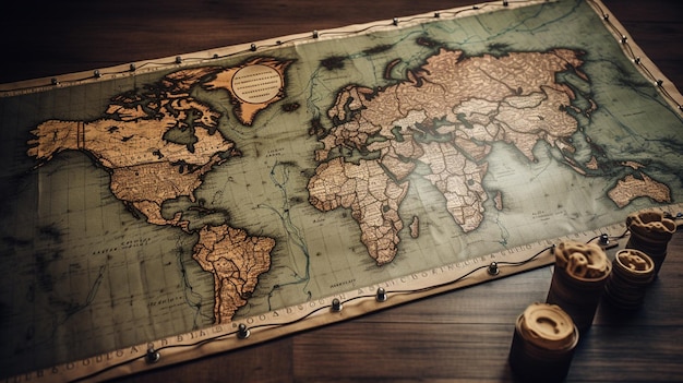 A map of the world is shown on a table.