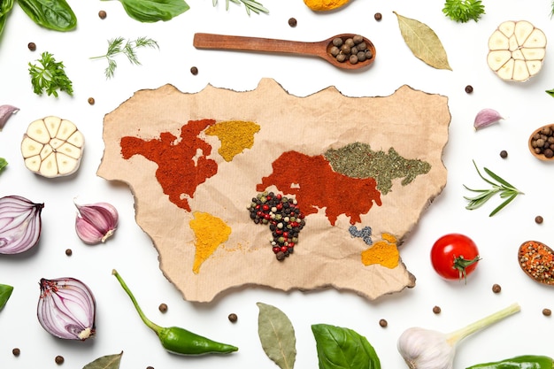 Map of world made from different kinds of spices