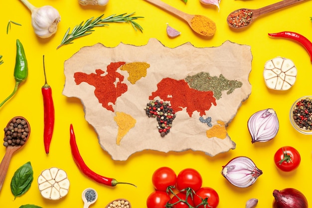 Map of world made from different kinds of spices