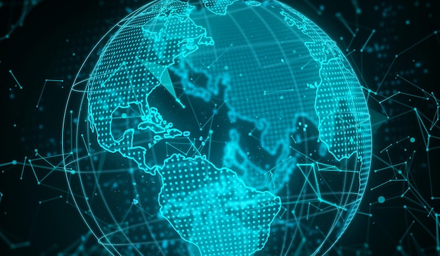 Map world representing the global network line wire frame data\
business with network connection structure concept banner on blue\
background