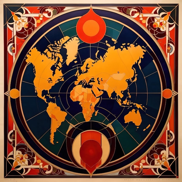 Карта мира, показывающая международные путешествия и бизнес в ретро элегантности винтажного арт-деко иллюзии