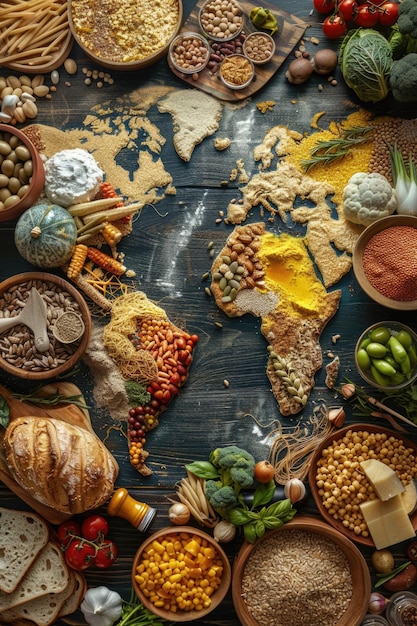 Foto una mappa del mondo circondata da vari tipi di cibo ideale per i concetti alimentari e di viaggio