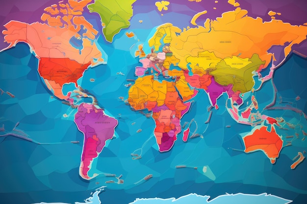 Карта мира с границами в оттенках оранжевого и фиолетового цвета Цветная карта мира с политическими картами Яркие страны и регионы мира