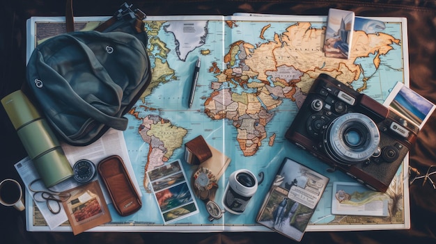 a map of the world with a camera and a bag of travel and a camera.