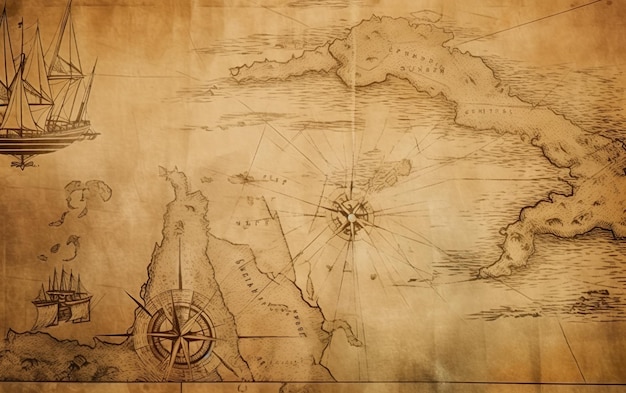 A map of the world with a compass and the word treasure on it