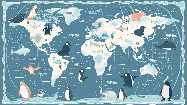 Foto una mappa del mondo con i pinguini e la parola mondo su di essa