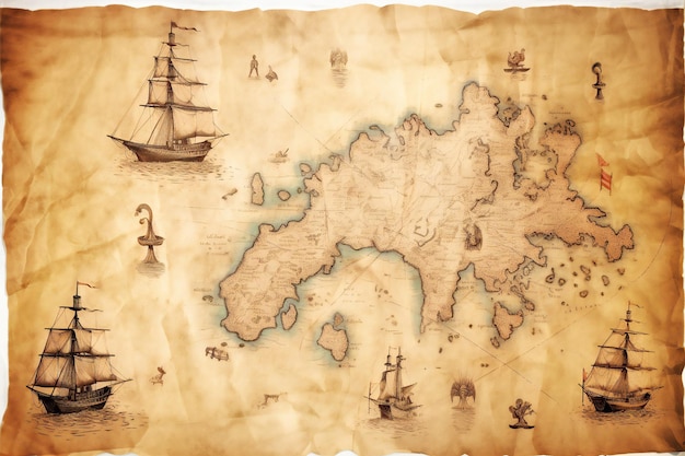 A map of the world with a ship and a ship on it