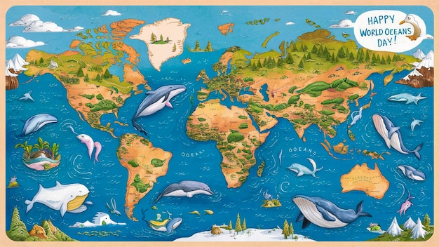 Foto una mappa del mondo con le parole delfini che nuotano intorno ad essa