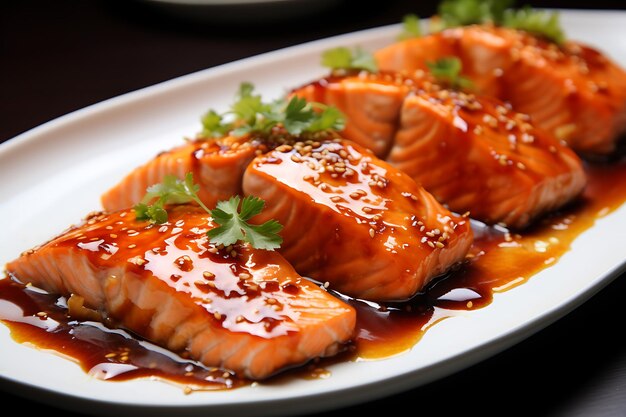 Photo maple glazed salmon realistic photo bright photo