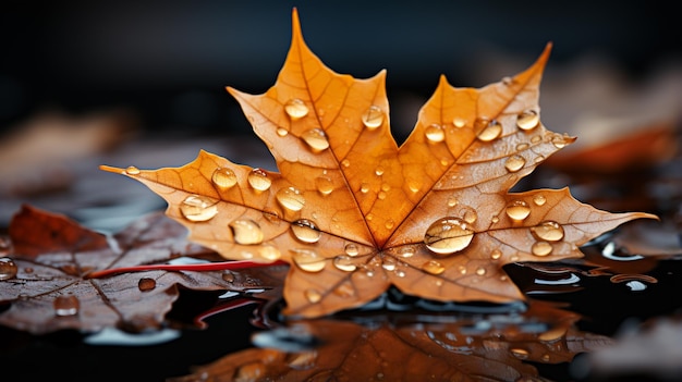 Maple leaf on a dark autumn water in the river Autumn cold rainy day Yellow orange maple leaf