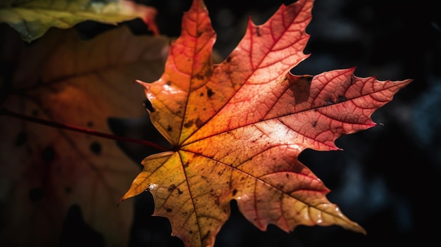 A maple leaf is shown in the fall.