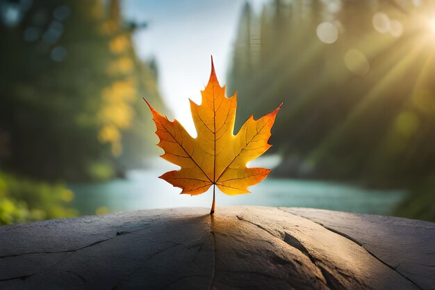 A maple leaf on a log with the sun behind it