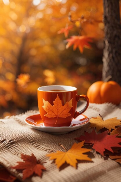 maple leaf and orange coffee cup on cloth autumn ai generative